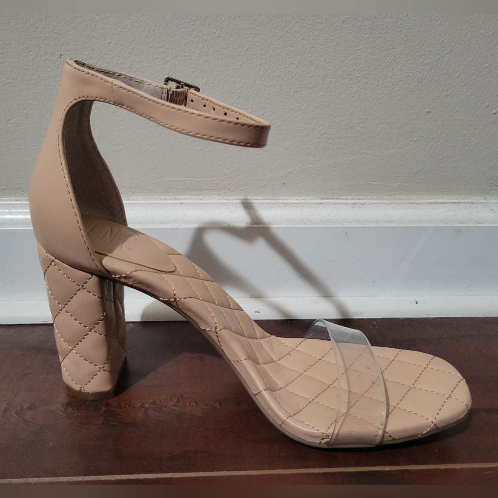 INC tan sandals with block heel. Clear strap on top. Size 7